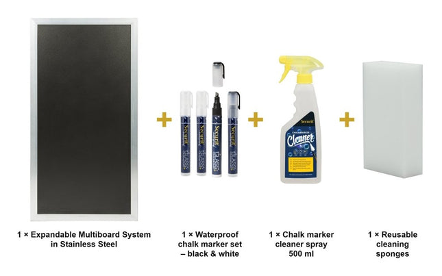 Securit® Expandable Multiboard System in Stainless Steel Chalkboard Set – Board + Waterproof Markers + Cleaner | Hospitality Trade Pack - hospitality