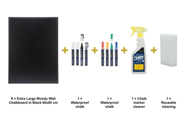 Securit® Extra Large Woody Wall Chalkboard in Black 60x80 cm (Pack of 6) Chalkboard Set – Boards + Waterproof Markers + Cleaner | Hospitality Trade Pack - hospitality