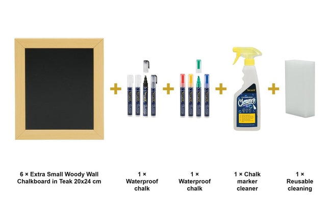 Securit® Extra Small Woody Wall Chalkboard in Teak 20x24 cm (Pack of 6) Chalkboard Set – Boards + Waterproof Markers + Cleaner | Hospitality Trade Pack - hospitality