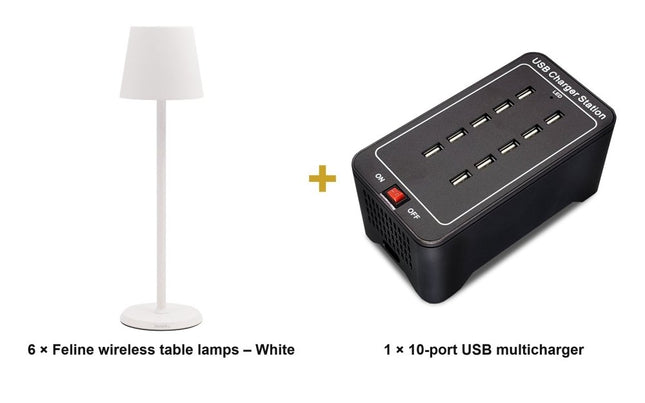Securit® Feline Table Lamps White (Pack of 6) + 10-Port Multicharger Lighting Set | Hospitality Trade Pack - hospitality