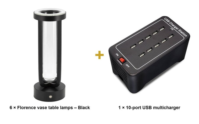 Securit® Florence Table Lamps Black (Pack of 6) + 10-Port Multicharger Lighting Set | Hospitality Trade Pack - hospitality