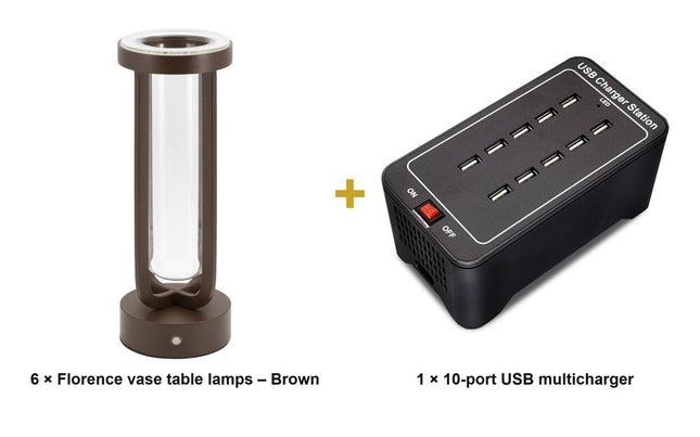 Securit® Florence Table Lamps Brown (Pack of 6) + 10-Port Multicharger Lighting Set | Hospitality Trade Pack - hospitality