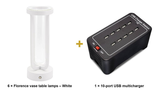 Securit® Florence Table Lamps White (Pack of 6) + 10-Port Multicharger Lighting Set | Hospitality Trade Pack - hospitality