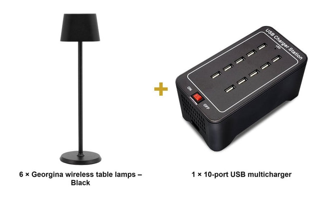 Securit® Georgina Table Lamps Black (Pack of 6) + 10-Port Multicharger Lighting Set | Hospitality Trade Pack - hospitality