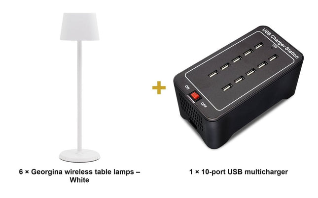 Securit® Georgina Table Lamps White (Pack of 6) + 10-Port Multicharger Lighting Set | Hospitality Trade Pack - hospitality