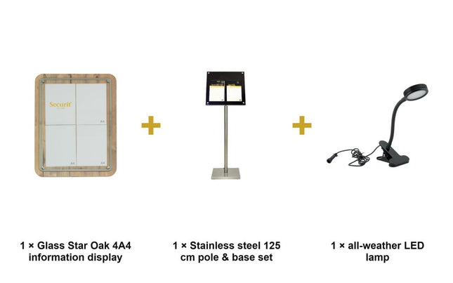 Securit® Glass Star Oak 4A4 Information Display Set – Display + Pole & Base + LED Lamp | Hospitality Trade Pack - hospitality