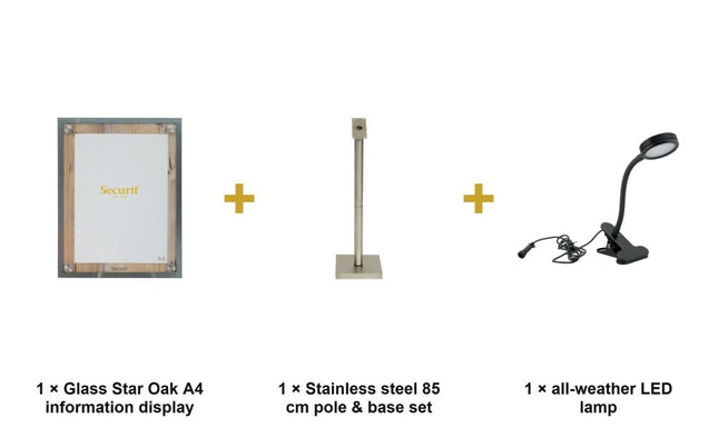 Securit® Glass Star Oak A4 Information Display Set – Display + Pole & Base + LED Lamp | Hospitality Trade Pack - hospitality