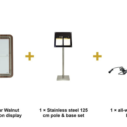 Securit® Glass Star Walnut 4A4 Information Display Set – Display + Pole & Base + LED Lamp | Hospitality Trade Pack - hospitality