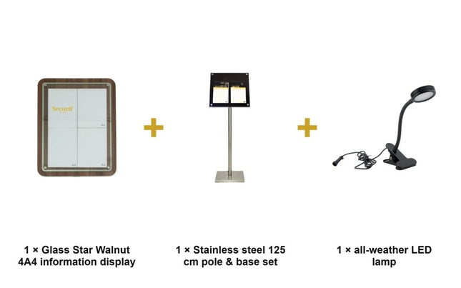 Securit® Glass Star Walnut 4A4 Information Display Set – Display + Pole & Base + LED Lamp | Hospitality Trade Pack - hospitality