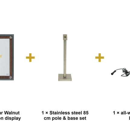Securit® Glass Star Walnut A4 Information Display Set – Display + Pole & Base + LED Lamp | Hospitality Trade Pack - hospitality
