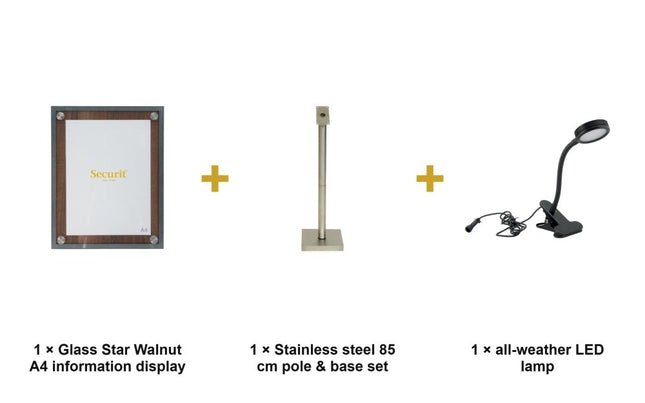 Securit® Glass Star Walnut A4 Information Display Set – Display + Pole & Base + LED Lamp | Hospitality Trade Pack - hospitality