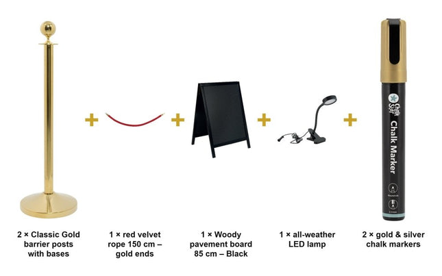 Securit® Gold Barrier Posts + Red Velvet Rope + Lit Pavement Board + Gold & Silver Markers Christmas Entrance Set | Hospitality Trade Pack - hospitality