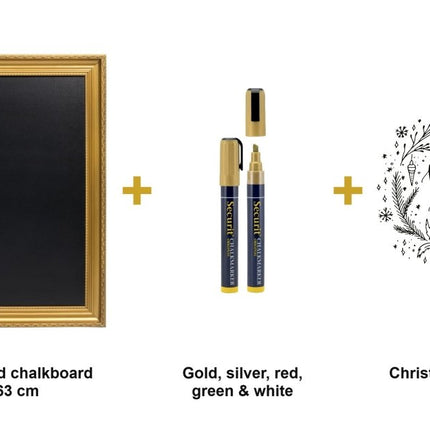 Securit® Gold Framed Wall Chalkboard 83x63 cm + Gold, Silver, Red, Green & White Markers + Christmas Stencils Christmas Gold Menu Board Set | Hospitality Trade Pack - hospitality