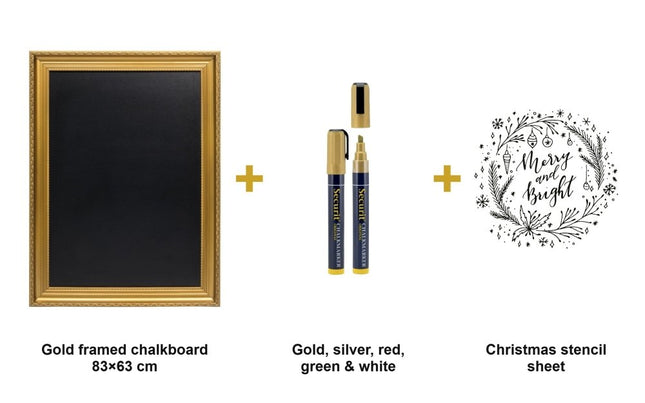Securit® Gold Framed Wall Chalkboard 83x63 cm + Gold, Silver, Red, Green & White Markers + Christmas Stencils Christmas Gold Menu Board Set | Hospitality Trade Pack - hospitality