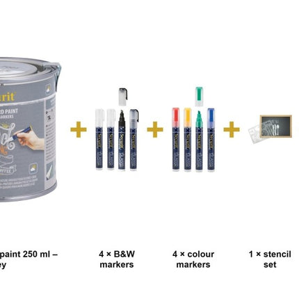 Securit® Grey Paint 250 ml + Waterproof Markers + Stencils + Cleaner Chalk Wall Kit | Hospitality Trade Pack - hospitality