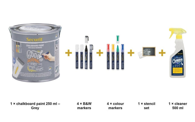 Securit® Grey Paint 250 ml + Waterproof Markers + Stencils + Cleaner Chalk Wall Kit | Hospitality Trade Pack - hospitality