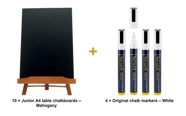 Securit® Junior A4 Mahogany (Pack of 10) Table Chalkboard Set – Boards + White Markers | Hospitality Trade Pack - hospitality