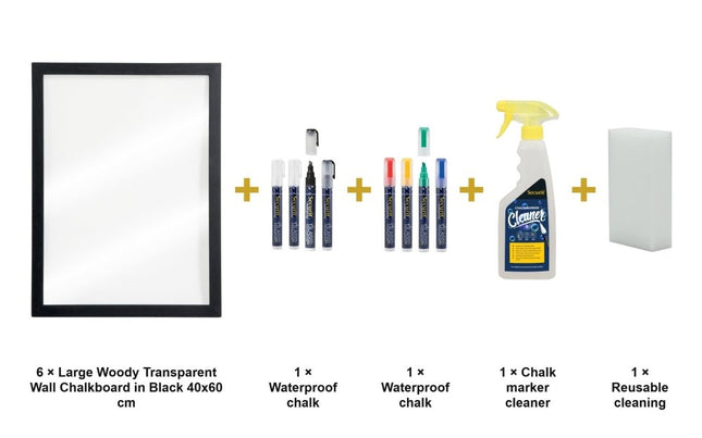 Securit® Large Woody Transparent Wall Chalkboard in Black 40x60 cm (Pack of 6) Chalkboard Set – Boards + Waterproof Markers + Cleaner | Hospitality Trade Pack - hospitality