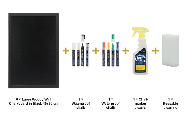 Securit® Large Woody Wall Chalkboard in Black 40x60 cm (Pack of 6) Chalkboard Set – Boards + Waterproof Markers + Cleaner | Hospitality Trade Pack - hospitality