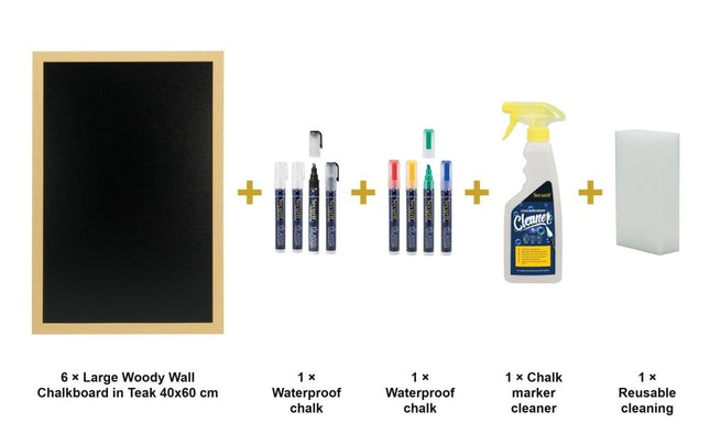 Securit® Large Woody Wall Chalkboard in Teak 40x60 cm (Pack of 6) Chalkboard Set – Boards + Waterproof Markers + Cleaner | Hospitality Trade Pack - hospitality