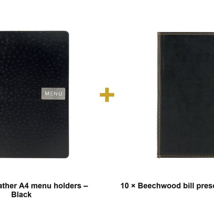 Securit® Leather Ego A4 Black Front-of-House Set – 10 Menu Holders + 10 Beechwood Bill Presenters | Hospitality Trade Pack - hospitality