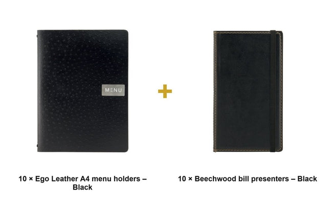 Securit® Leather Ego A4 Black Front-of-House Set – 10 Menu Holders + 10 Beechwood Bill Presenters | Hospitality Trade Pack - hospitality
