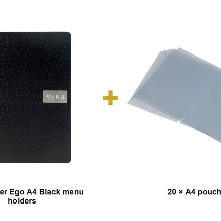Securit® Leather Ego A4 Black Menu Set – 10 Menu Holders + 20 Extra Pouches | Hospitality Trade Pack - hospitality