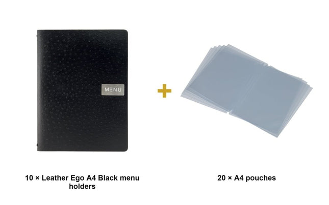 Securit® Leather Ego A4 Black Menu Set – 10 Menu Holders + 20 Extra Pouches | Hospitality Trade Pack - hospitality