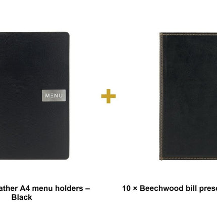 Securit® Leather Raw A4 Black Front-of-House Set – 10 Menu Holders + 10 Beechwood Bill Presenters | Hospitality Trade Pack - hospitality