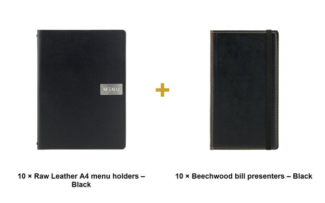 Securit® Leather Raw A4 Black Front-of-House Set – 10 Menu Holders + 10 Beechwood Bill Presenters | Hospitality Trade Pack - hospitality
