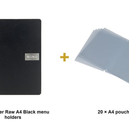 Securit® Leather Raw A4 Black Menu Set – 10 Menu Holders + 20 Extra Pouches | Hospitality Trade Pack - hospitality