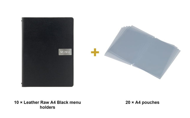 Securit® Leather Raw A4 Black Menu Set – 10 Menu Holders + 20 Extra Pouches | Hospitality Trade Pack - hospitality