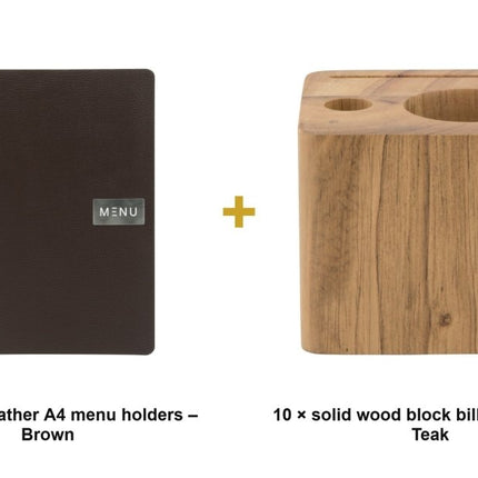 Securit® Leather Raw A4 Brown Front-of-House Set – 10 Menu Holders + 10 Teak Block Bill Presenters | Hospitality Trade Pack - hospitality