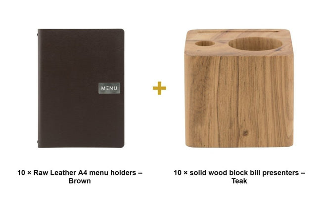 Securit® Leather Raw A4 Brown Front-of-House Set – 10 Menu Holders + 10 Teak Block Bill Presenters | Hospitality Trade Pack - hospitality