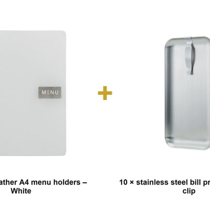 Securit® Leather Raw A4 White Front-of-House Set – 10 Menu Holders + 10 Stainless Steel Bill Presenters | Hospitality Trade Pack - hospitality