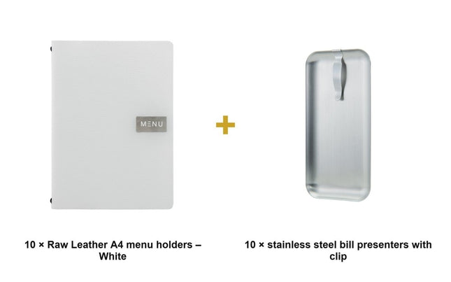 Securit® Leather Raw A4 White Front-of-House Set – 10 Menu Holders + 10 Stainless Steel Bill Presenters | Hospitality Trade Pack - hospitality