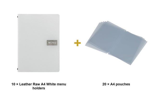 Securit® Leather Raw A4 White Menu Set – 10 Menu Holders + 20 Extra Pouches | Hospitality Trade Pack - hospitality