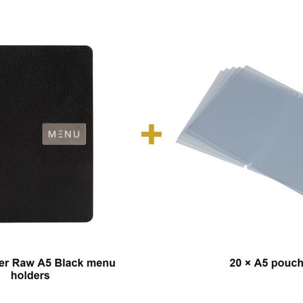 Securit® Leather Raw A5 Black Menu Set – 10 Menu Holders + 20 Extra Pouches | Hospitality Trade Pack - hospitality