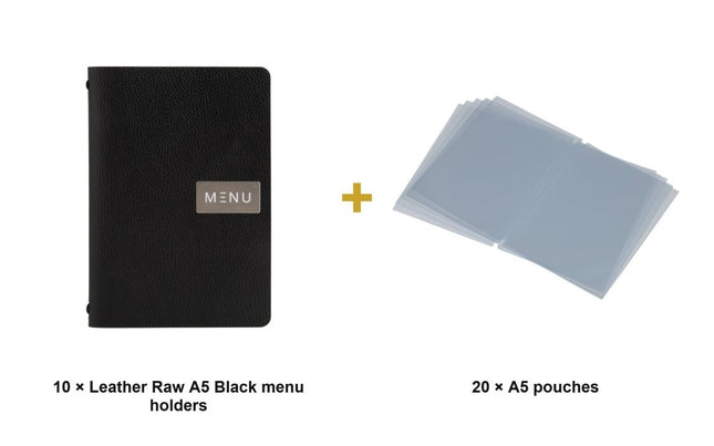 Securit® Leather Raw A5 Black Menu Set – 10 Menu Holders + 20 Extra Pouches | Hospitality Trade Pack - hospitality