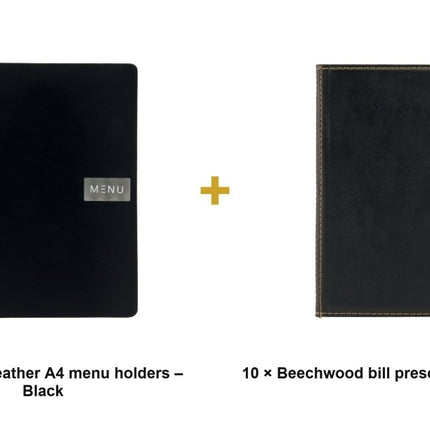 Securit® Leather Royal A4 Black Front-of-House Set – 10 Menu Holders + 10 Beechwood Bill Presenters | Hospitality Trade Pack - hospitality