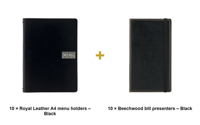 Securit® Leather Royal A4 Black Front-of-House Set – 10 Menu Holders + 10 Beechwood Bill Presenters | Hospitality Trade Pack - hospitality