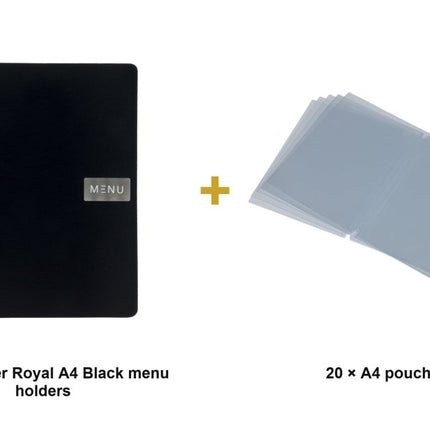 Securit® Leather Royal A4 Black Menu Set – 10 Menu Holders + 20 Extra Pouches | Hospitality Trade Pack - hospitality