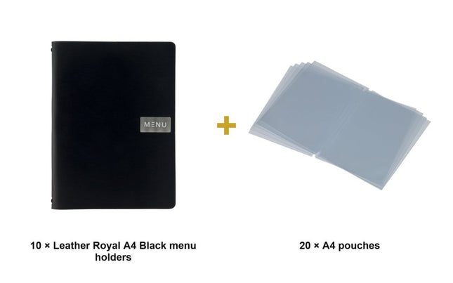 Securit® Leather Royal A4 Black Menu Set – 10 Menu Holders + 20 Extra Pouches | Hospitality Trade Pack - hospitality