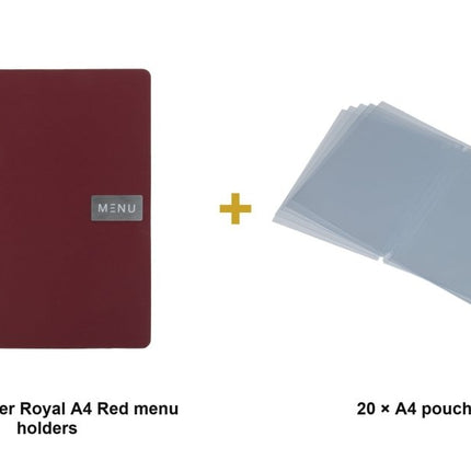 Securit® Leather Royal A4 Red Menu Set – 10 Menu Holders + 20 Extra Pouches | Hospitality Trade Pack - hospitality