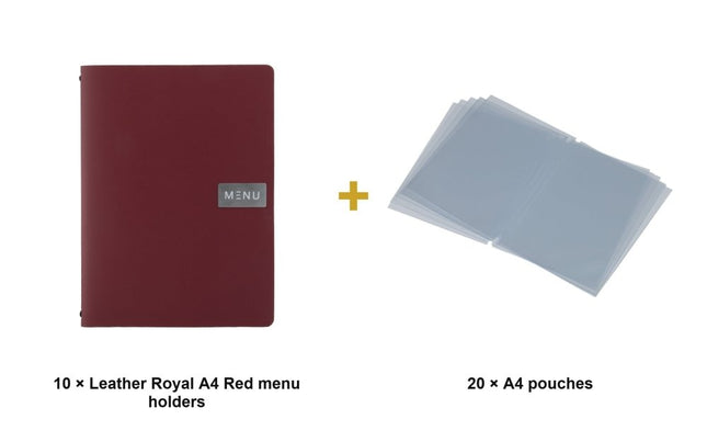 Securit® Leather Royal A4 Red Menu Set – 10 Menu Holders + 20 Extra Pouches | Hospitality Trade Pack - hospitality