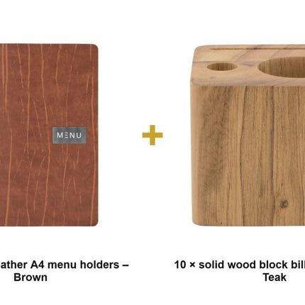 Securit® Leather Ruga A4 Brown Front-of-House Set – 10 Menu Holders + 10 Teak Block Bill Presenters | Hospitality Trade Pack - hospitality