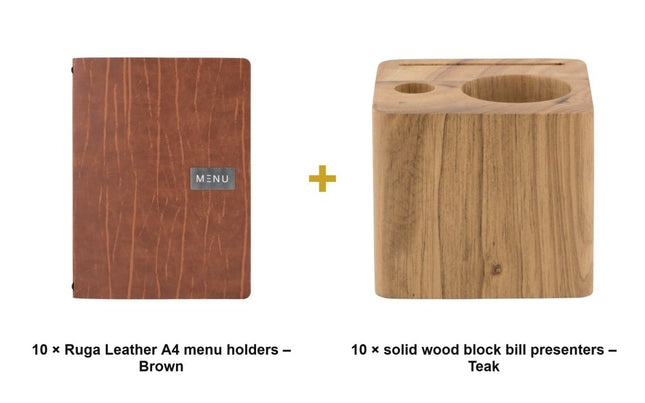 Securit® Leather Ruga A4 Brown Front-of-House Set – 10 Menu Holders + 10 Teak Block Bill Presenters | Hospitality Trade Pack - hospitality