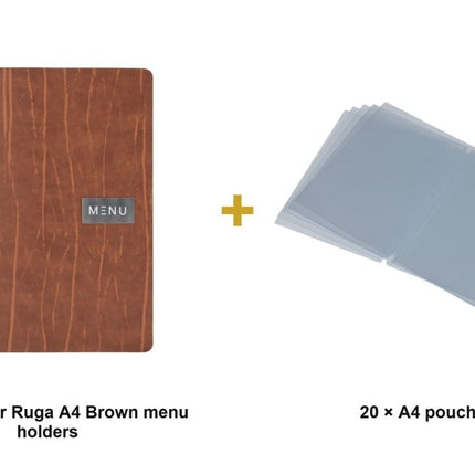 Securit® Leather Ruga A4 Brown Menu Set – 10 Menu Holders + 20 Extra Pouches | Hospitality Trade Pack - hospitality