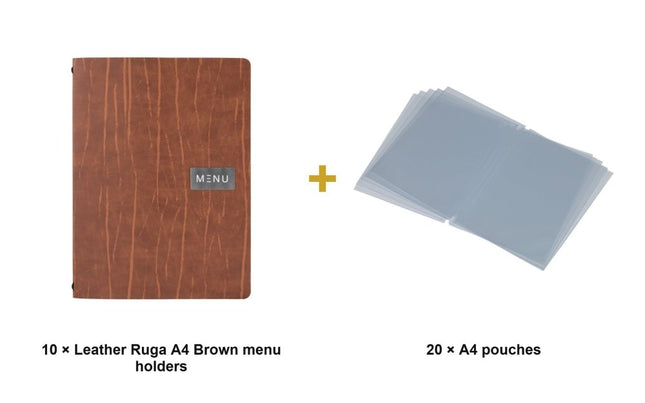 Securit® Leather Ruga A4 Brown Menu Set – 10 Menu Holders + 20 Extra Pouches | Hospitality Trade Pack - hospitality