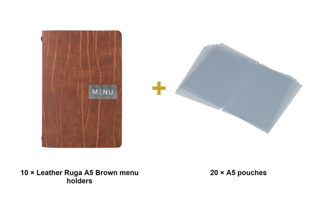 Securit® Leather Ruga A5 Brown Menu Set – 10 Menu Holders + 20 Extra Pouches | Hospitality Trade Pack - hospitality